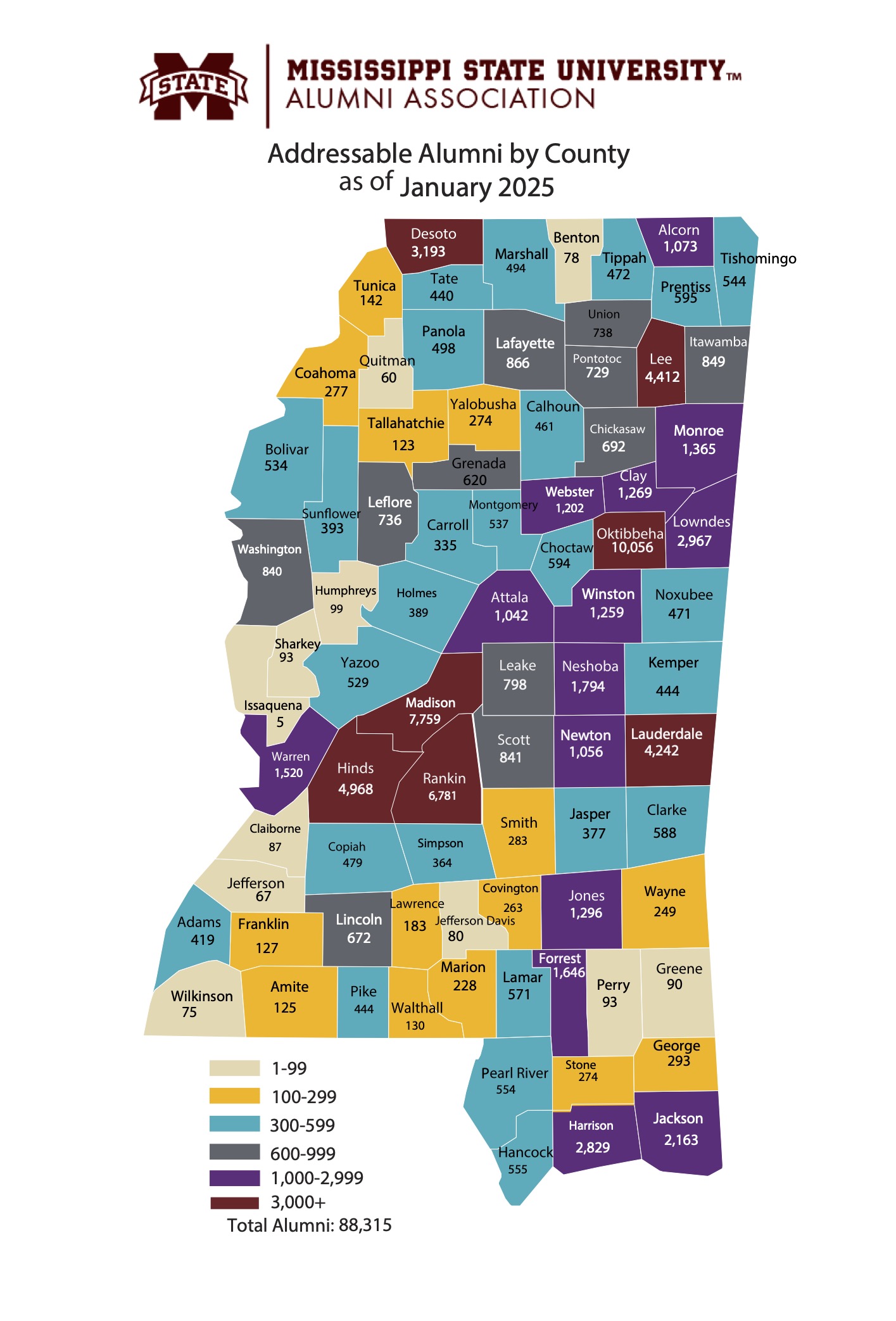 Addressable Alumni by Mississippi County in January 2025